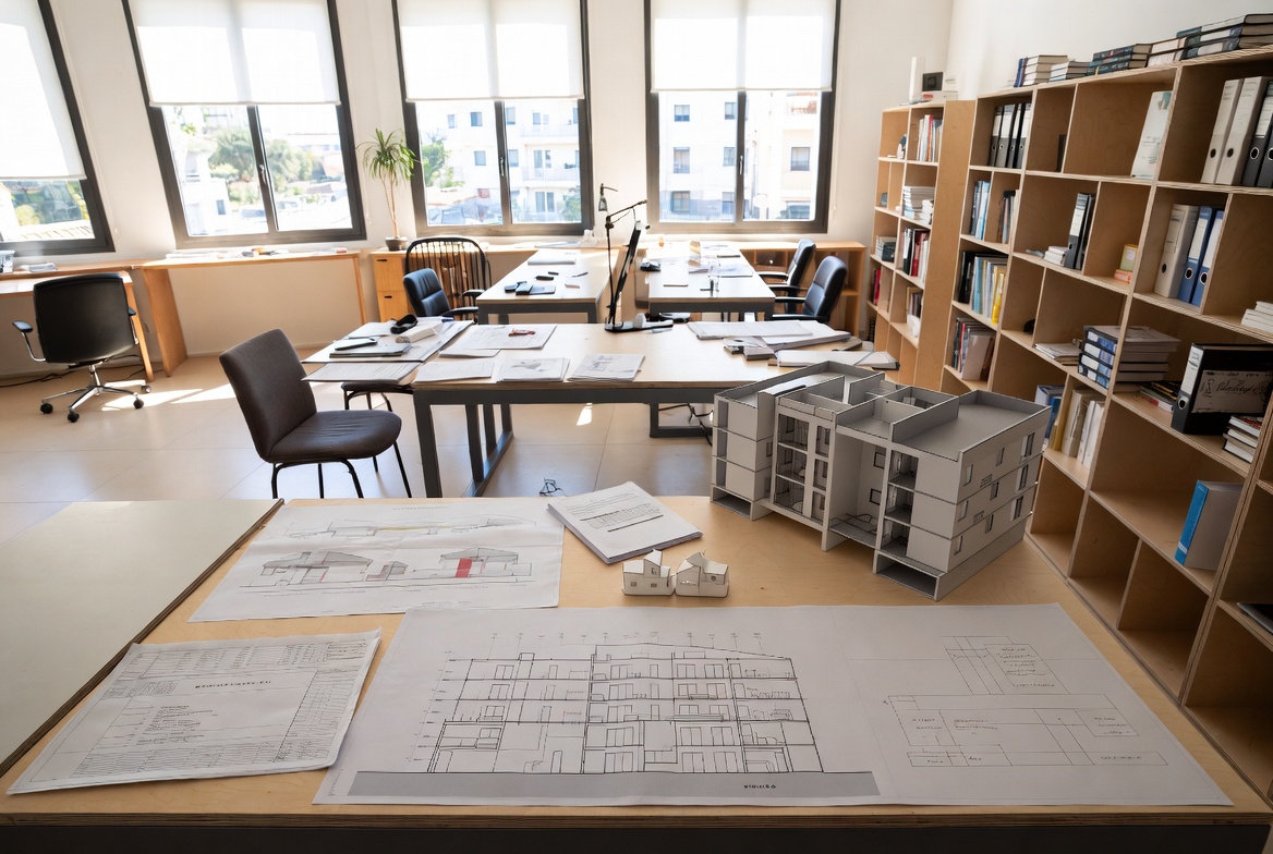 Equipo propio de arquitectos aparejadores e ingenieros trabajando en el análisis y diseño de proyectos